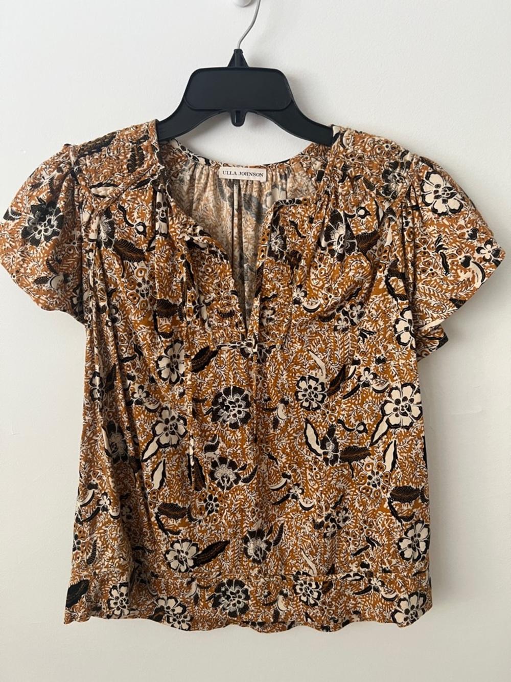 Ulla Johnson Mustard Black Cream Floral V‑Neck Blouse